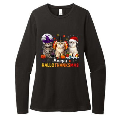 Happy Hallothanksmas Cats Halloween Thanksgiving Christmas Womens CVC Long Sleeve Shirt