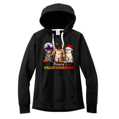 Happy Hallothanksmas Cats Halloween Thanksgiving Christmas Women's Fleece Hoodie