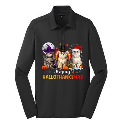 Happy Hallothanksmas Cats Halloween Thanksgiving Christmas Silk Touch Performance Long Sleeve Polo