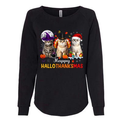 Happy Hallothanksmas Cats Halloween Thanksgiving Christmas Womens California Wash Sweatshirt