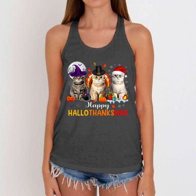 Happy Hallothanksmas Cats Halloween Thanksgiving Christmas Women's Knotted Racerback Tank