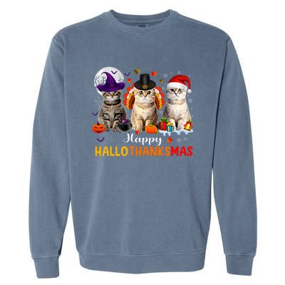 Happy Hallothanksmas Cats Halloween Thanksgiving Christmas Garment-Dyed Sweatshirt