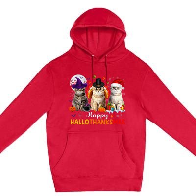 Happy Hallothanksmas Cats Halloween Thanksgiving Christmas Premium Pullover Hoodie