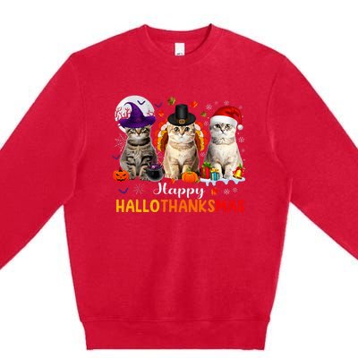 Happy Hallothanksmas Cats Halloween Thanksgiving Christmas Premium Crewneck Sweatshirt