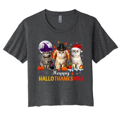 Happy Hallothanksmas Cats Halloween Thanksgiving Christmas Women's Crop Top Tee