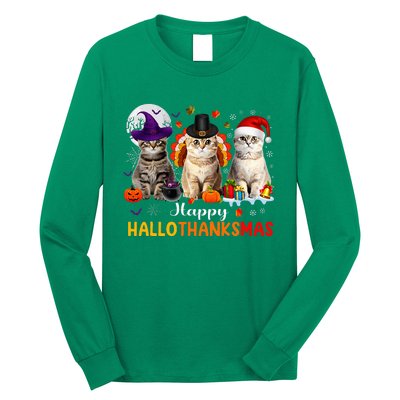 Happy Hallothanksmas Cats Halloween Thanksgiving Christmas Long Sleeve Shirt