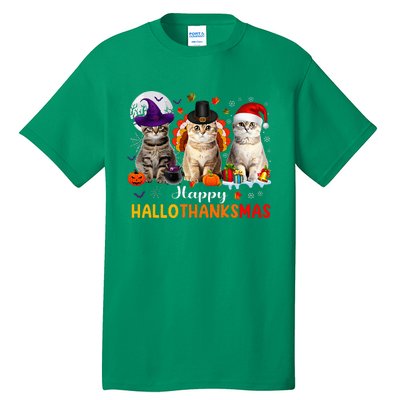 Happy Hallothanksmas Cats Halloween Thanksgiving Christmas Tall T-Shirt