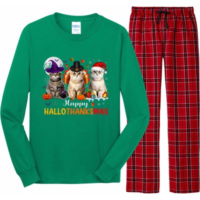 Happy Hallothanksmas Cats Halloween Thanksgiving Christmas Long Sleeve Pajama Set