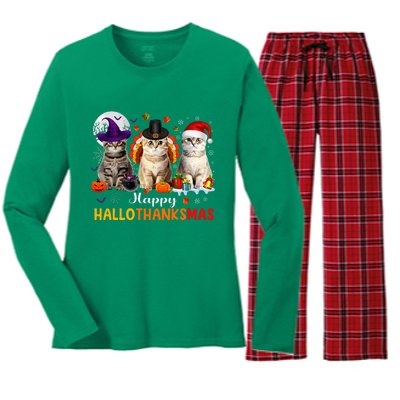 Happy Hallothanksmas Cats Halloween Thanksgiving Christmas Women's Long Sleeve Flannel Pajama Set 