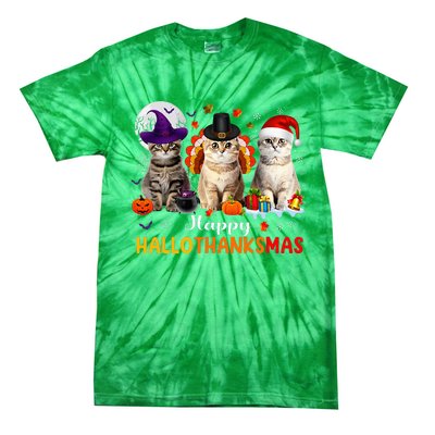 Happy Hallothanksmas Cats Halloween Thanksgiving Christmas Tie-Dye T-Shirt