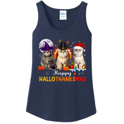 Happy Hallothanksmas Cats Halloween Thanksgiving Christmas Ladies Essential Tank