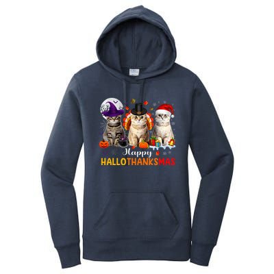 Happy Hallothanksmas Cats Halloween Thanksgiving Christmas Women's Pullover Hoodie