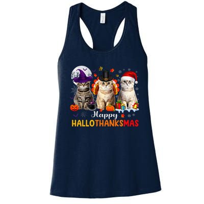 Happy Hallothanksmas Cats Halloween Thanksgiving Christmas Women's Racerback Tank