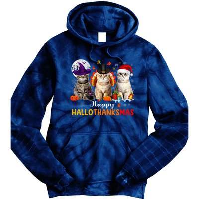 Happy Hallothanksmas Cats Halloween Thanksgiving Christmas Tie Dye Hoodie