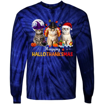 Happy Hallothanksmas Cats Halloween Thanksgiving Christmas Tie-Dye Long Sleeve Shirt