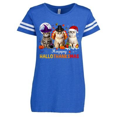 Happy Hallothanksmas Cats Halloween Thanksgiving Christmas Enza Ladies Jersey Football T-Shirt