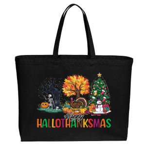 Happy Hallothanksmas Christmas Halloween Thanksgiving Cotton Canvas Jumbo Tote