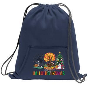 Happy Hallothanksmas Christmas Halloween Thanksgiving Sweatshirt Cinch Pack Bag