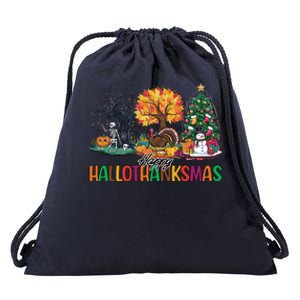 Happy Hallothanksmas Christmas Halloween Thanksgiving Drawstring Bag