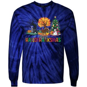 Happy Hallothanksmas Christmas Halloween Thanksgiving Tie-Dye Long Sleeve Shirt