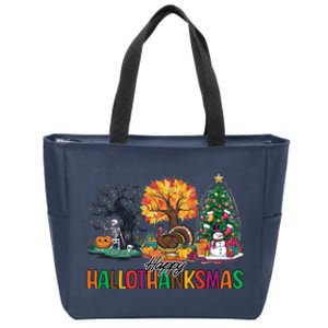 Happy Hallothanksmas Christmas Halloween Thanksgiving Zip Tote Bag