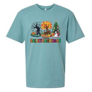 Happy Hallothanksmas Christmas Halloween Thanksgiving Sueded Cloud Jersey T-Shirt