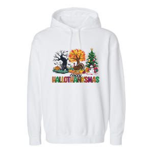 Happy Hallothanksmas Christmas Halloween Thanksgiving Garment-Dyed Fleece Hoodie