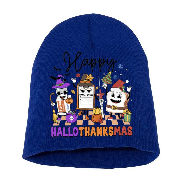 Happy Hallothanksmas Christmas Er Nurse Crew Emergency Room Gift Short Acrylic Beanie