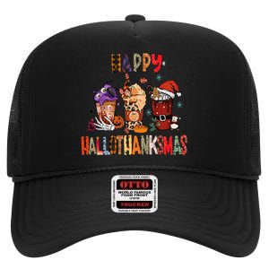 Happy Hallothanksmas Coffee Latte Halloween Thanksgiving High Crown Mesh Back Trucker Hat