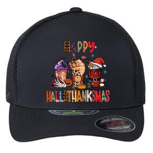 Happy Hallothanksmas Coffee Latte Halloween Thanksgiving Flexfit Unipanel Trucker Cap