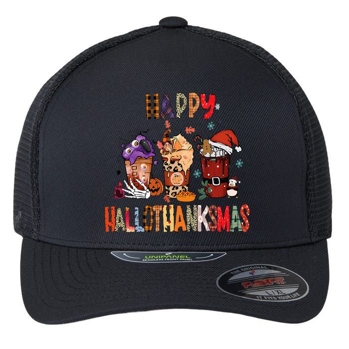 Happy Hallothanksmas Coffee Latte Halloween Thanksgiving Flexfit Unipanel Trucker Cap