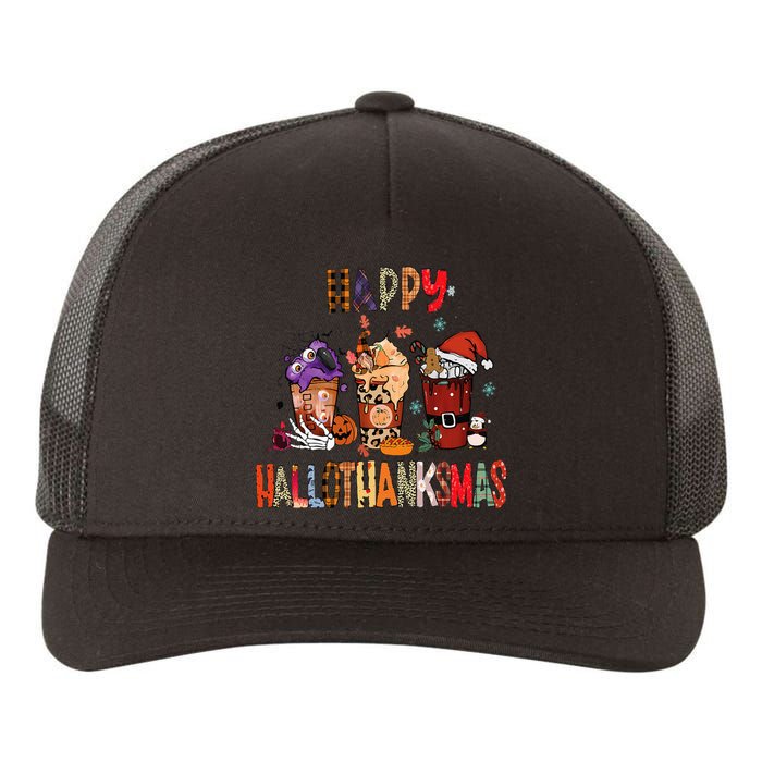 Happy Hallothanksmas Coffee Latte Halloween Thanksgiving Yupoong Adult 5-Panel Trucker Hat