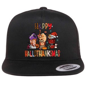 Happy Hallothanksmas Coffee Latte Halloween Thanksgiving Flat Bill Trucker Hat