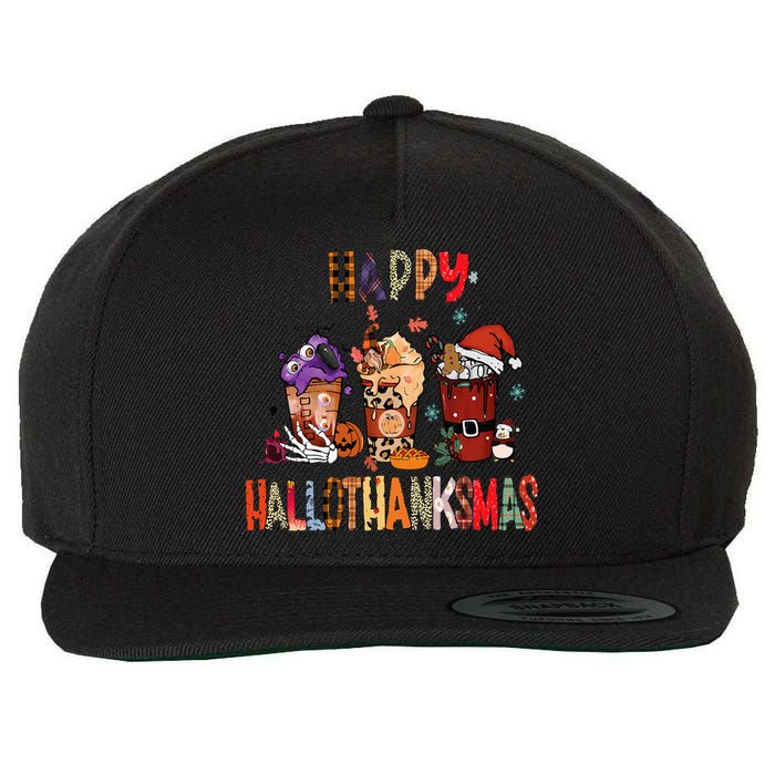 Happy Hallothanksmas Coffee Latte Halloween Thanksgiving Wool Snapback Cap