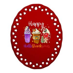 Happy Hallothanksmas Coffee Latte Halloween Thanksgiving Ceramic Oval Ornament