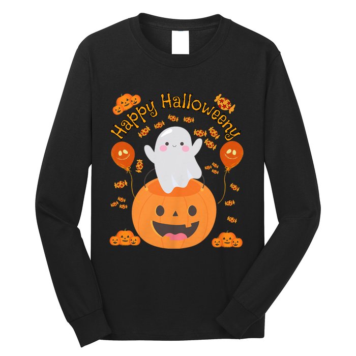 Happy Halloweeny Cute Boy And Girl Costume As A Ghost Long Sleeve Shirt