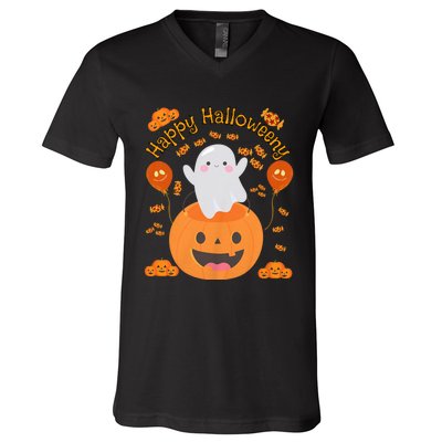 Happy Halloweeny Cute Boy And Girl Costume As A Ghost V-Neck T-Shirt