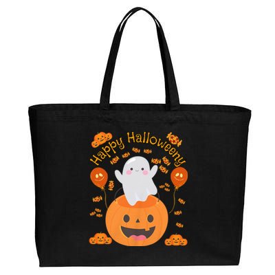 Happy Halloweeny Cute Boy And Girl Costume As A Ghost Cotton Canvas Jumbo Tote