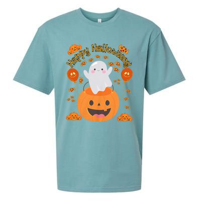 Happy Halloweeny Cute Boy And Girl Costume As A Ghost Sueded Cloud Jersey T-Shirt