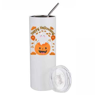 Happy Halloweeny Cute Boy And Girl Costume As A Ghost Stainless Steel Tumbler