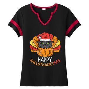 Happy Hallothanksmas Cat Turkey Cat Thanksgiving Christmas Great Gift Ladies Halftime Notch Neck Tee