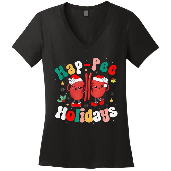 Happee Holiday Christmas Santa Kidney Nephrology Technician Women's V-Neck T-Shirt