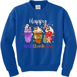 Happy Hallothanksmas Coffee Latte Halloween Thanksgiving Gift Kids Sweatshirt