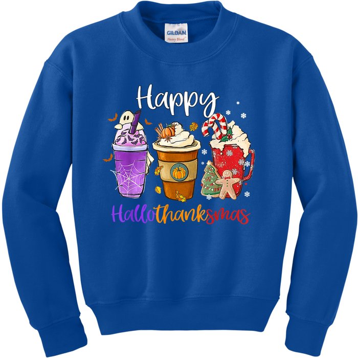 Happy Hallothanksmas Coffee Latte Halloween Thanksgiving Gift Kids Sweatshirt