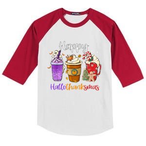 Happy Hallothanksmas Coffee Latte Halloween Thanksgiving Gift Kids Colorblock Raglan Jersey