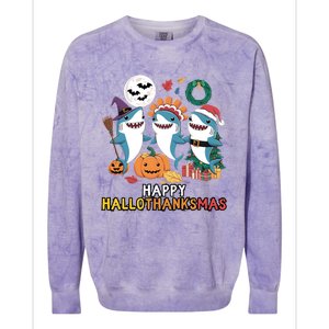 Happy Hallothanksmas Christmas Halloween Shark Thanksgiving Great Gift Colorblast Crewneck Sweatshirt