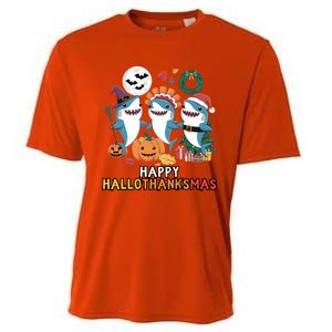 Happy Hallothanksmas Christmas Halloween Shark Thanksgiving Great Gift Cooling Performance Crew T-Shirt