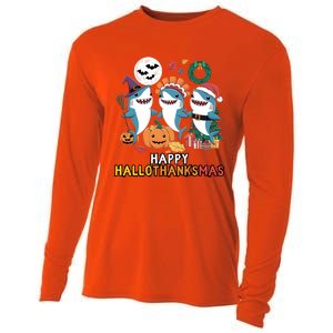 Happy Hallothanksmas Christmas Halloween Shark Thanksgiving Great Gift Cooling Performance Long Sleeve Crew