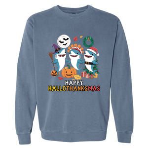 Happy Hallothanksmas Christmas Halloween Shark Thanksgiving Great Gift Garment-Dyed Sweatshirt