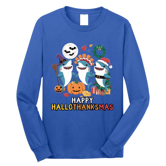 Happy Hallothanksmas Christmas Halloween Shark Thanksgiving Great Gift Long Sleeve Shirt